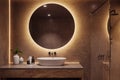 New bathroom interior with illuminated round mirror and sink.