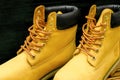 New beautiful brown yellow warm mountain women`s winter Timberland tracking shoes, boots, sneakers, trainers logo on wooden