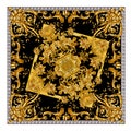 New beautiful scarf design. Golden baroq in black background pattern