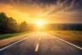 A new Beginning Into a Sunny Future. Driving on Asphalt road Towards the Setting Sun. AI Royalty Free Stock Photo