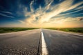 A new Beginning Into a Sunny Future. Driving on Asphalt road Towards the Setting Sun. AI Royalty Free Stock Photo