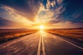 A new Beginning Into a Sunny Future. Driving on Asphalt road Towards the Setting Sun. AI Royalty Free Stock Photo