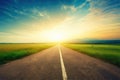 A new Beginning Into a Sunny Future. Driving on Asphalt road Towards the Setting Sun. AI Royalty Free Stock Photo