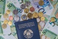 New belorussian money and passport. Coins and banknotes. Finance concept.