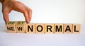 New best normal symbol. Hand turns cubes and changes words `new normal` to `best normal`. Business and Covid-19 postpandemic n Royalty Free Stock Photo