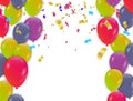 New Birthday celebration with colorful confetti.Color Glossy Balloons and ribbons/Happy greeting card Royalty Free Stock Photo