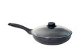 new black empty frying skillet with glass lid isolated on white