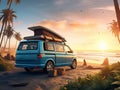 New blue camper van with a rooftop tent in front of a beautiful seascape. Family travel by car.
