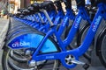 New blue CitiBikes lined up at the exit of Grand Central Terminal