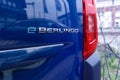 new blue Citroen E-Berlingo rear view, electric van in parking lot, French manufacturer PSA Peugeot Citroen, automotive industry,