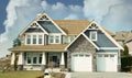 Blue Home House Maison Cedar Roof Exterior Fluffy Cumulus Sky Background