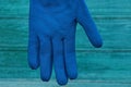 New blue work glove hanging on green background Royalty Free Stock Photo