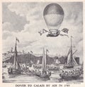 Vintage illustration of the Dover to Calais by Air in 1785 by balloon. Royalty Free Stock Photo