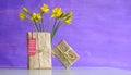 New book releases for spring 2023, gift wrapped books, hang tag and flowers.Spring Book fair, inspiration,reading, education, Royalty Free Stock Photo