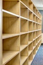 Empty library shelves in a new library. Royalty Free Stock Photo