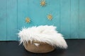 New born or baby portrait photography backdrop with white fur, straw snowflakes, jute rope basket Royalty Free Stock Photo