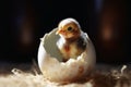 A new born bird looking out of an egg shell