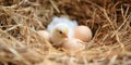 New born chicks in a nest on a farm, ,newborn chickens in hay nest