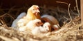 New born chicks in a nest on a farm, ,newborn chickens in hay nest