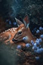 New born roe deer wild spring nature. Cute baby deer laying in blue flowers.