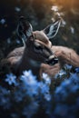 New born roe deer wild spring nature. Cute baby deer laying in blue flowers.