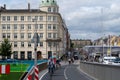 The new bridge into Nyhavn or New Harbor in Copenhagen. This use to be a rough neighbourhood for sailors but are now Royalty Free Stock Photo