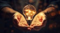 A new bright idea concept depicted by a shining lightbulb cradled in human palms, Ai Generated Royalty Free Stock Photo