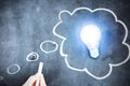 New brilliant idea is generated, with light bulb and chalk sketch on blackboard Royalty Free Stock Photo