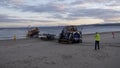 New British lifeboat landing on Exmouth beach in Devon UK after sea trials. This boat is the latest most agile in the RNLI`s fleet