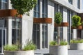 New building facade with entrances to offices, stores, cafe and modern city landscaping details