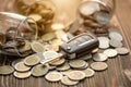 New car keys pile of coin on wooden table. Car financial, Car purchase, or car rental concept