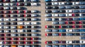 New car lined up in the port for business car import and export logistic, Aerial view