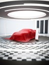 New car model showcase on the podium under the red silk. 3D illustration