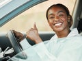 New car, smile or portrait of black woman with thumbs up, yes or thank you for vehicle finance or loan success. Motor Royalty Free Stock Photo