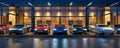 New car store at night, showroom with modern cars, dealership, generated ai