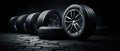 New Car Tires Against Dark Background, Auto Parts Advertisement