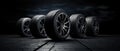 New Car Tires Against Dark Background, Auto Parts Advertisement