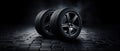 New Car Tires Against Dark Background, Auto Parts Advertisement