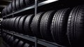 Car tires in a row in a car service. Car wheel. Royalty Free Stock Photo