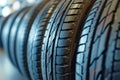 New car tires stacked in row. Royalty Free Stock Photo