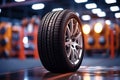 New car wheel and tires on tire storage rack for sale at tyre store. Balck rubber car tire with modern tread at auto repair Royalty Free Stock Photo