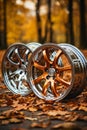 new car wheels, alloy rim in autumn forest with bright yellow leaves Royalty Free Stock Photo