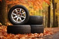 new car wheels decorated with bright yellow leaves on the road in the autumn forest Royalty Free Stock Photo