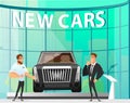 New Cars Presentation in Modern Showroom Cartoon