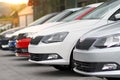 New cars for sale parked in front of a car, motor dealer store, shop Royalty Free Stock Photo