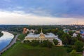 New Castle on high river bank of Neman in Grodno in sunset light, Aerial view from a drone., Belarus Royalty Free Stock Photo