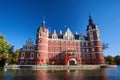 New Castle and moat in the park Muskauer  during autumn Royalty Free Stock Photo