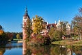 New Castle and pond in the park Muskauer during autumn Royalty Free Stock Photo