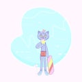 Vector isolated standing colorful cat surfer holding an ice cream with a mouse sitting on his head.