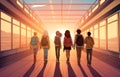 A New Chapter: Six Students Embark on a Journey in the Warm Glow of Sunrise Royalty Free Stock Photo